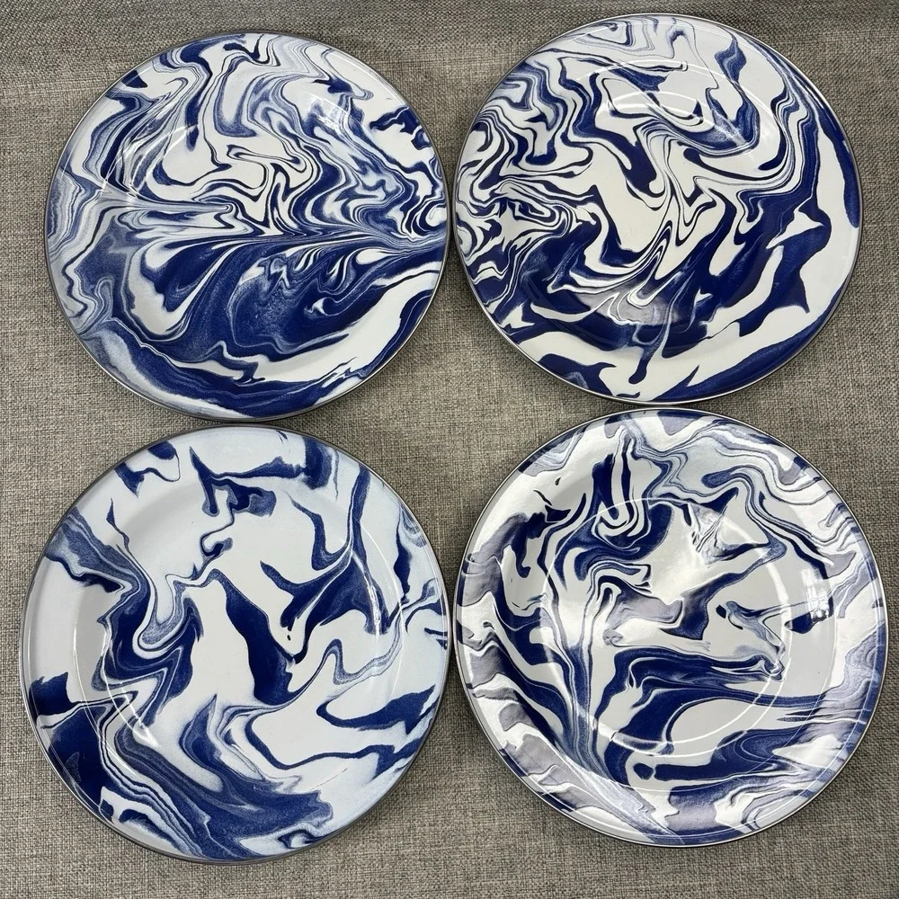 Pottery Barn Marbled Enamel Dinner Plates Blue White Swirl Set of 4 10